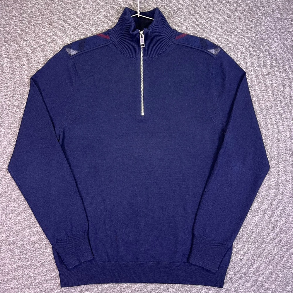 Burberry‎ London Sweater Mens L Navy Blue Check Shoulder Merino Wool Quarter Zip